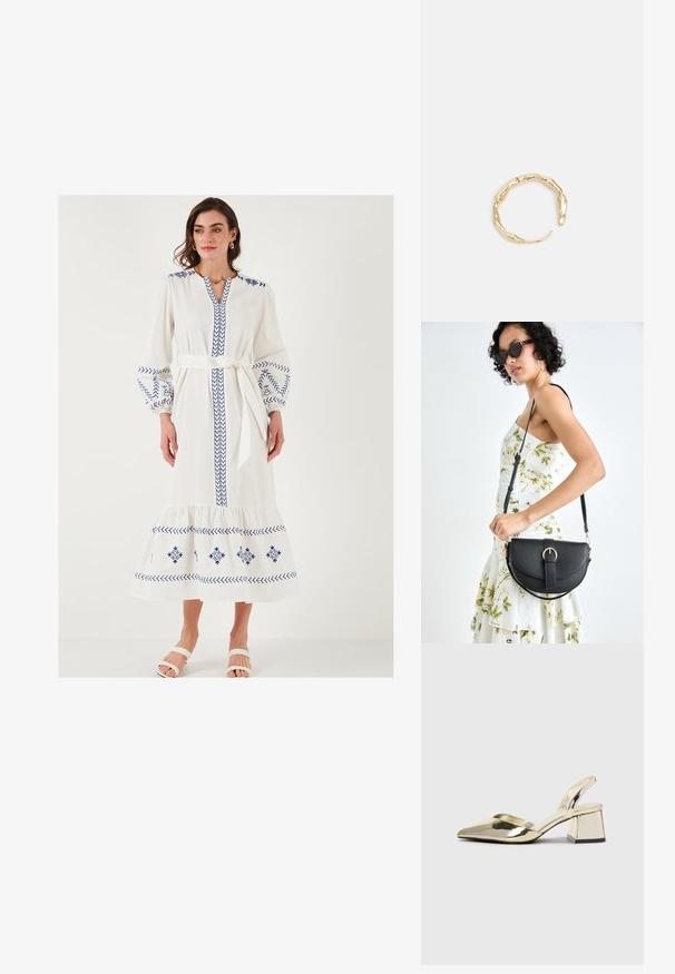 Vestito lungo bianco con modelli ricamati blu, maniche a palloncino, scollatura a V e vita legata. Presenta un orlo a strati e una texture morbida.; Tacchi slingback metallici color oro con punta appuntita e tacco grosso. Texture liscia, design minimalista e una cinghia stretta.; Borsa a tracolla nera in pelle con una forma curva, manico rimovibile e accessori dorati. La borsa presenta una patta con un dettaglio a fibbia.; Anello in tono oro con un design organico e Twisted, caratterizzato da una superficie liscia e punte affusolate, che crea un aspetto moderno e scultoreo.