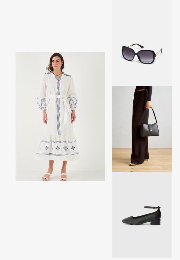 Robe longue blanche avec des motifs brodés bleus, des manches ballons, un décolleté en V et une taille nouée. Présente un ourlet en couches et une texture douce.; Escarpin en cuir noir avec un bout pointu et un petit talon bloc. Doté d'une bride de cheville avec une boucle dorée. Texture lisse.; Lunettes de soleil noires surdimensionnées avec des verres dégradés, monture épaisse et détails en chaîne dorée sur les branches.; Sac à main noir à la forme structurée, texture lisse et fermoir métallique. Associé à un pantalon noir ample et des sandales ouvertes sur un sol en bois.