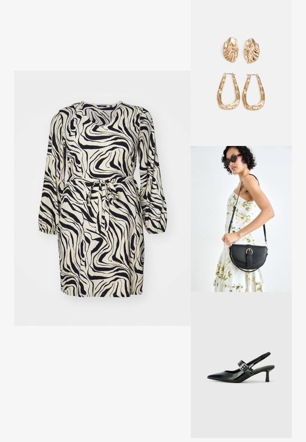 Lyhythihainen mekko, jossa on kerma- ja musta pyörivä seeprahertta, vyöltä korostettu vyötärö ja pyöreä kaula-aukko. Teksturoitu kangas.; Musta patenttinaahkakengät, joissa on osoittava kärki ja pieni lohko korko, varustettuna hopeisella soljella hihnassa.; Musta nahkainen käsilaukku, joka on kaareva muotoilultaan, irrotettavalla hihnalla ja kultaisilla yksityiskohdilla. Laukussa on läppä, jossa on solk yksityiskohta.; Korukultainen korvakorut, joissa on teksturoituja, aaltoilevia muotoja. Mukana on veistokselliset klipsikorvakorut ja avoin rengasmalli, jossa on vasaroitu pinta.