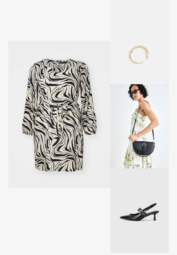 Lühikeste varrukatega kleit kreemja ja musta keerdus sebra mustriga, vöökohtadega ja ümmarguse kaelusega. Tekstureeritud kangas.; Mustad patenteeritud nahast sildiga kontsad, millel on terav nina ja väike plokk-konts, mille rihmal on hõbedane pandla aksessuaar.; Mustmust mustraha kõverate joontega, eemaldatava rihmaga ja kuldsete detailidega. Kotil on klapp, millel on pandladetail.; Kuldtoonis sõrmus, millel on orgaaniline, keerdunud disain sileda tekstuuri ja kitsenevate otstega, luues kaasaegse skulptuurilise välimuse.