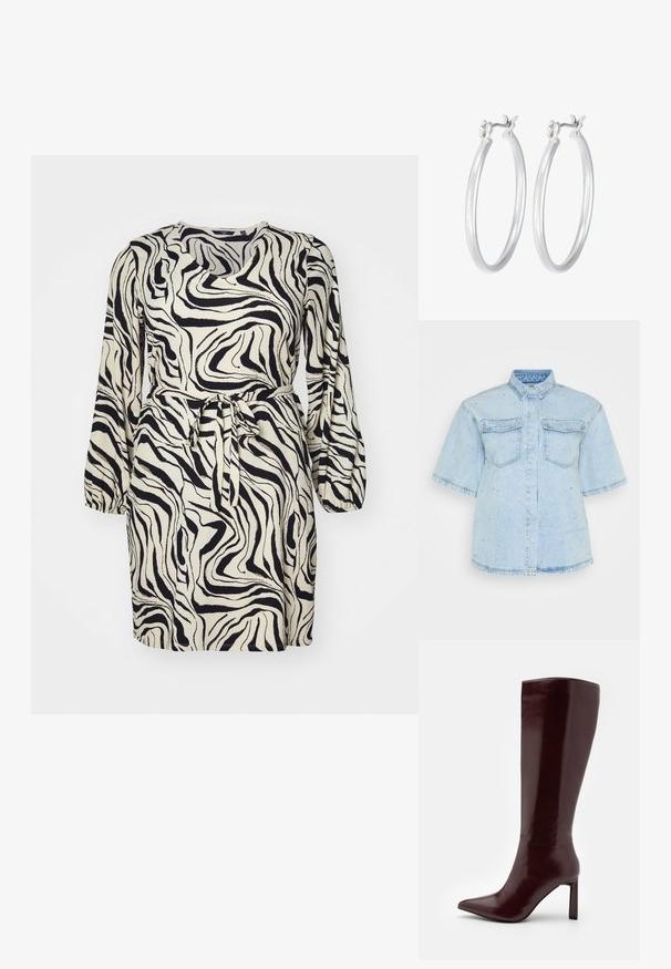 Trumpas rankovėmis sukurtas suknelė grietinėlės ir juodų sukasi zebrų raštu, su diržo juosta ir apvaliu iškirpimu. Tekstūruota medžiaga.; Šviesiai mėlyna džinsinė marškinė su trumpomis rankovėmis, turinti dvi priekines kišenes ir papuošta mažais sidabriniais blizgučiais visame paviršiuje.; Even&Odd Batai - dark red; Sidabriniai auskarai su sklandžiu, poliruotu paviršiumi. Apvalios formos ir saugus uždarymo mechanizmas. Lengvas dizainas, tinkantis kasdieniam dėvėjimui.