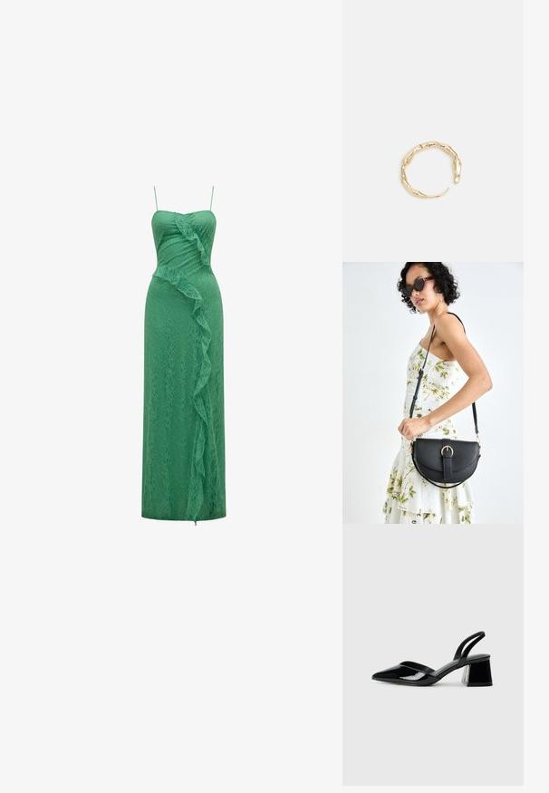 Forever New MAYBELLE RUFFLE - Koktajl obleka/za zabavo - green spruce; Črne lakirane slingback pete s koničastim nosom in geometrijsko blokasto peto. Imajo eleganten, minimalističen dizajn in gladko teksturo.; Črna usnjena torbica s ukrivljeno obliko, z odstranljivo naramnico in zlatimi dodatki. Torbica ima pokrov s podrobnostmi v obliki zaponke.; Zlati prstan s organskim, zvitim dizajnom, gladko površino in taperiranimi konci, ki ustvarja modernega, skulpturalnega videza.