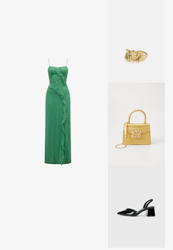 Forever New MAYBELLE RUFFLE - Koktel haljina / svečana haljina - green spruce; Crne lakirane kožne sandale s otvorenom petom i špicastim vrhom, s geometrijskom blok petom. Imaju elegantan, minimalistički dizajn i glatku teksturu.; Žuta torbica od umjetnog krokodila sa strukturiranim dizajnom, gornjom ručkom, odvojivim lančićem i dekorativnim kristalnim ukrasom na kopči.; Zlatni prsten s teksturiranim, valovitim dizajnom koji ima tri istaknuta vrha. Glatka, sjajna površina s otvorenom trakom za podešavanje veličine.