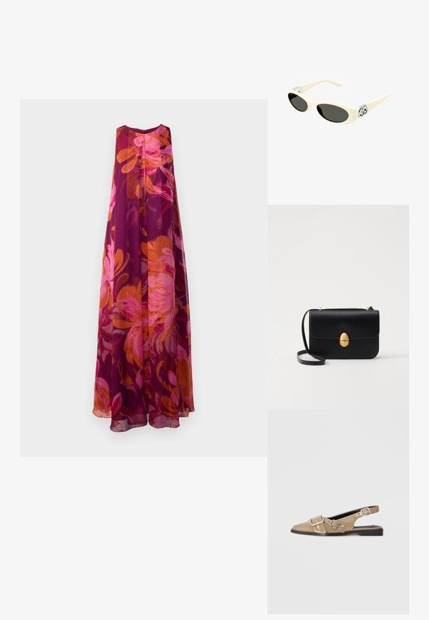 Długa, bezrękawna sukienka z przezroczystego materiału w kwiatowy wzór w odcieniach różu, pomarańczu i głębokiego fioletu; luźna, swobodna sylwetka.; Beżowe lakierowane buty na obcasie typu slingback z wydłużonym noskiem, dwoma regulowanymi klamrami i niskim czarnym obcasem. Gładka tekstura z błyszczącym wykończeniem.; Okulary przeciwsłoneczne w kolorze kremowym z owalnymi soczewkami, czarnym przyciemnieniem i metalowymi logo na zausznikach. Gładka faktura, design w stylu kociego oka.; Czarna skórzana torba na ramię o strukturalnym prostokątnym kształcie. Posiada złoty owalny zamek i cienki pasek na ramię. Gładka faktura.; Czarna skórzana torba na ramię o strukturalnym prostokątnym kształcie. Posiada złoty owalny zamek i cienki pasek na ramię. Gładka faktura.