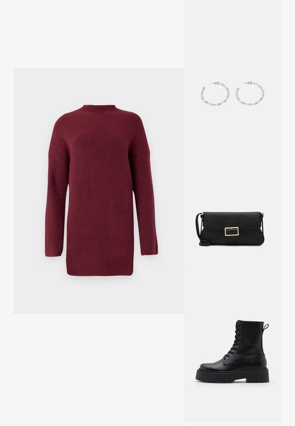 Bordo mezgimo megztinis su aukštu kaklu, raukšlėta tekstūra, ilgomis rankovėmis ir laisvu siluetu, su nusileidusiomis petnešomis ir tiesiu apdailos kraštu.; Juodos odinės aulinukės su apvalia nosimi, raišteliais priekyje ir storesniu guminio pado apačioje su tekstūruotu raštu. Priekyje yra kilputė.; Juodas odinis dėkliukas su atvarteliu ir auksinės metalinės sagties detalėmis. Įeina juodas diržas ir elegantiškas, minimalistinis dizainas.; Sidabriniai auskarai žiedai su sukto dizaino, turintys poliruotą apdailą ir fiksavimo smeigtuką. Skersmuo maždaug 3 cm.