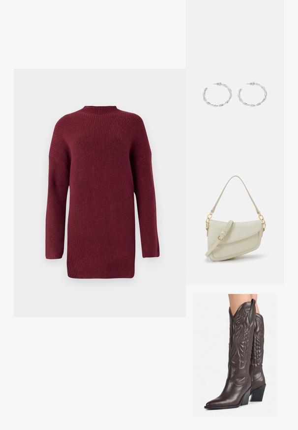 Pull en tricot bordeaux à col montant, texture côtelée, manches longues et coupe décontractée, avec des épaules rabaissées et un ourlet droit.; Bottes de cowboy en cuir marron avec un bout pointu et un talon bloc, présentant des coutures détaillées et des accents en relief sur la tige.; Petit sac à main crème avec une finition texturée, une longue sangle réglable, un accent en chaîne et une fermeture à rabat. Détails en matériel doré.; Boucles d'oreilles en argent en forme de créoles avec un design torsadé, dotées d'une finition polie et d'une fermeture à poussoir. Mesurent environ 3 cm de diamètre.