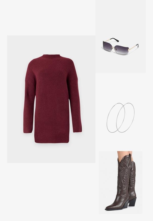 Bordo pleteni pulover s visokim vratom, rebrastom teksturom, dugim rukavima i opuštenim krojem, s spuštenim ramenima i ravnim rubom.; Smeđe kožne kauboj čizme s šiljastim vrhom i blok-potpeticom, s detaljno izvezenim šavovima i uzdignutim naglascima na okovu.; Naočale sivi gradijent leća, zlatni metalni okvir i crni plastični naglasci. Jedinstvene leće u obliku leptira s tankim drškama.; Srebrne okrugle naušnice s minimalističkim dizajnom. Kružni oblik, glatka tekstura i tanak profil. Lagane s poliranim završetkom.
