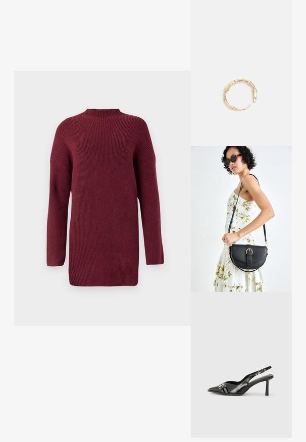 Burgunderrød strikket sweater med høj hals, ribbet tekstur, lange ærmer og en afslappet pasform, der har drop shoulder og lige kant.; Sorte patenterede læderslagback sko med spids tå, ankleremme med sølvspænder og hardware samt en slank hæl.; Sort læderhåndtaske med en buet form, aftagelig rem og guldfinish. Tasken har en klap med en spænde detalje.; Guld-tone ring med et organisk, snoet design, glat overflade og affasede ender, hvilket skaber et moderne, skulpturelt udseende.