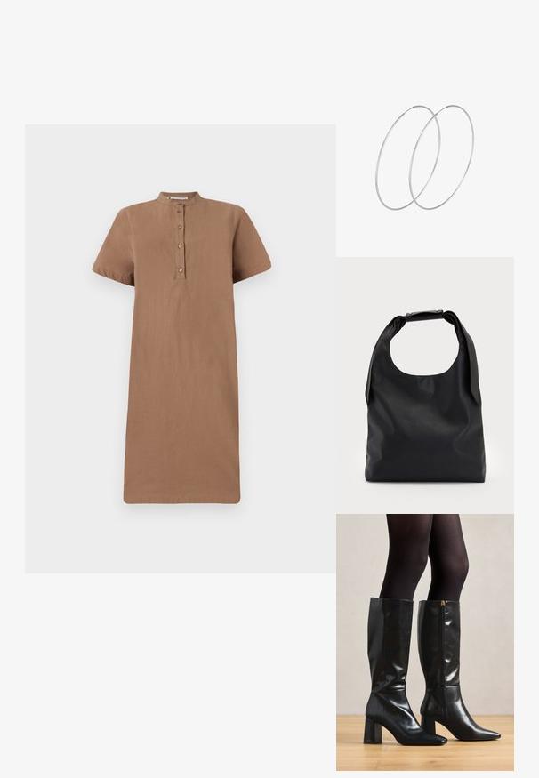 Hnědá krátká šatová sukně s stojáčkovým límečkem, zapínáním na knoflíky a rovný střih. Vyrobena z měkkého materiálu, s hladkým, beztexturovaným povrchem.; Černé kožené boty nad kolena s lesklým povrchem, špičatou špičkou a silným podpatkem. Boční zip pro snadné obutí.; Černá kožená kabelka s velkým otevřeným vrchem a jedním ramenním popruhem. Měkká textura, minimalistický design, s jemnými kovovými detaily.; Stříbrné kruhové náušnice s minimalistickým designem. Kruh, hladký povrch a tenký profil. Lehká konstrukce s lesklým povrchem.
