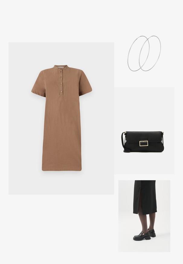 Abito marrone a maniche corte con colletto alto, apertura frontale con bottoni e taglio dritto. Realizzato in tessuto morbido, presenta una superficie liscia e non testurizzata.; Scarpe in pelle nera con punta arrotondata, tacco spesso a blocco e accenti laterali in elastico, abbinate a collant scuri e una gonna nera con uno spacco.; Borsa a mano in pelle nera con patta e dettaglio in metallo dorato. Include una tracolla nera e un design elegante e minimalista.; Orecchini a cerchio in argento con un design minimalista. Forma circolare, superficie liscia e profilo sottile. Leggeri con una finitura lucida.