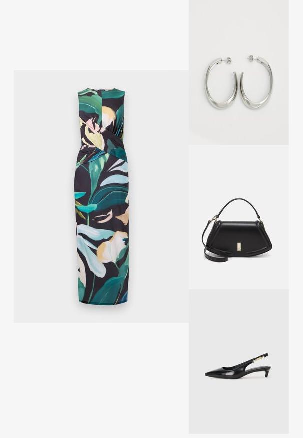 Ärmelloses Kleid mit floralem Muster auf schwarzem Hintergrund. Merkmale sind ein gedrehter Stoffdesign, lebhafte Grüntöne, Rosa und Weiß, knöchellang.; Schwarze Leder-Slingback-Pumps mit spitzem Schuhblatt, ausgestattet mit einem schlanken Absatz und einem goldfarbigen Akzent am verstellbaren Riemen. Glatte Textur.; Schwarze Lederhandtasche mit einem strukturierten Design, das eine verkürzte Form, einen oberen Griff und goldfarbene Hardware-Details aufweist. Verstellbarer Schulterriemen ist enthalten.; Silberne Creolen mit einem glatten, geschwungenen Design. Mit einem glänzenden metallischen Finish und Steckverschluss. Keine sichtbaren Muster oder Akzente.