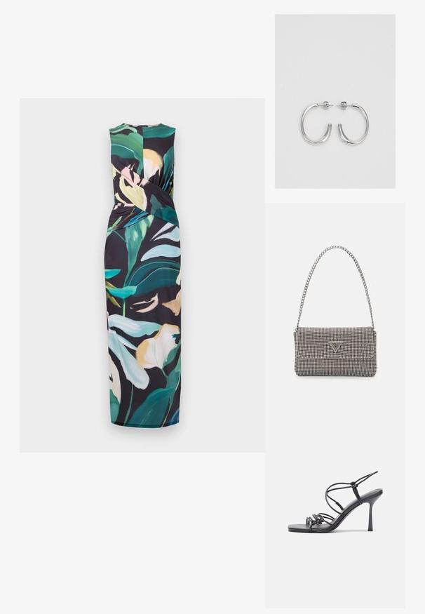 Vestido sin mangas con estampado floral sobre un fondo negro. Presenta un diseño de tela que se retuerce, en tonos vibrantes de verde, rosa y blanco, de longitud hasta el tobillo.; Las sandalias negras de tacón alto presentan finas correas con un diseño anudado, una punta cuadrada suave y un elegante tacón de aguja.; Bolso de mano metálico gris claro con una cadena como asa, adornado con pequeños remaches metálicos circulares y un logotipo de marca en forma triangular.; Aros de plata en forma de aro con un acabado liso y brillante. Diseño redondeado y ligero, con cierre de tipo post-back.