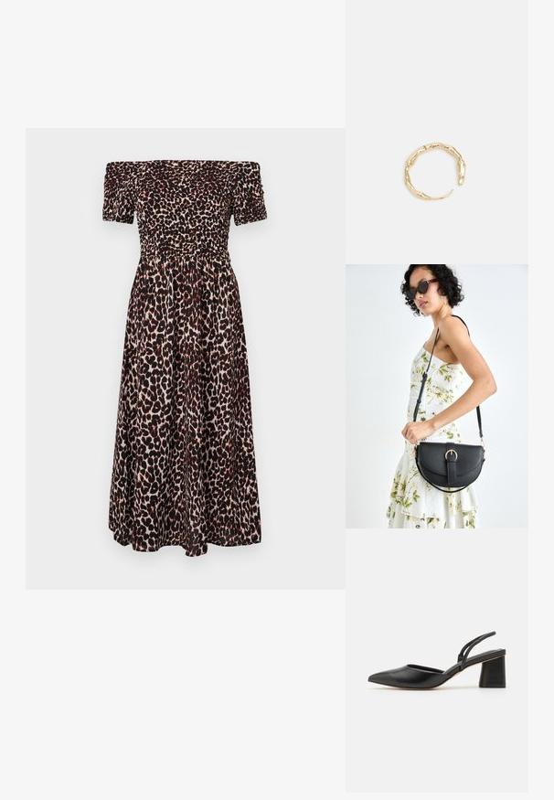 Kratka obleka z odprtimi rameni in vzorcem leoparda, ki ima nabrano busto, kratke napihnjene rokave in tekočo krilo. Prevladujeta črno in peščena barva.; Črne slingback čevlje s koničastim nosom, narejeni iz gladke usnje, s spodnjim blokom pete in tankimi trakovi na zadnji strani za varno prileganje.; Črna usnjena torbica s ukrivljeno obliko, z odstranljivo naramnico in zlatimi dodatki. Torbica ima pokrov s podrobnostmi v obliki zaponke.; Zlati prstan s organskim, zvitim dizajnom, gladko površino in taperiranimi konci, ki ustvarja modernega, skulpturalnega videza.