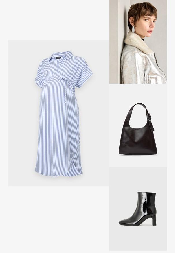 Abito premaman a righe blu e bianche, maniche corte, colletto, presenta una cintura con lacci in vita, realizzato in tessuto morbido con una vestibilità comoda.; Stivaletto in pelle verniciata nera con punta a punta e tacco a blocco di altezza media. Texture liscia e design minimalista.; Borsa a spalla in pelle marrone con una texture liscia, forma arrotondata, ampia tracolla e un accento metallico circolare sul manico.; Giacca in pelle metallizzata argento con collare in shearling, dotata di chiusura zip e superficie texture. Orecchini a goccia grandi con gemme trasparenti.