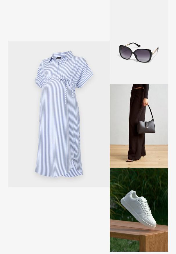 Zilā un baltā svītrainā grūtniecības kleita, īsām piedurknēm, ar apkakles izgriezumu, ar saitīti jostasvietā, izgatavota no mīksta auduma ar brīvu piegriezumu.; Baltie sporta apavi ar gludu sintētisku augšpusi, perforētu pirkstu daļu, plakani šņorēm un rakstainu zoli, novietoti uz koka virsmas.; Melni pārmērīgi lieli saulesbrilles ar gradāciju lēcām, biezām rāmja malām un zeltainas krāsas ķēžu detaļām uz tempļiem.; Melnā somiņa ar strukturētu formu, gludu tekstūru un metālu sprādzi. Saskaņota ar platām melnām biksēm un sandālēm ar atvērtu purngalu uz koka grīdas.