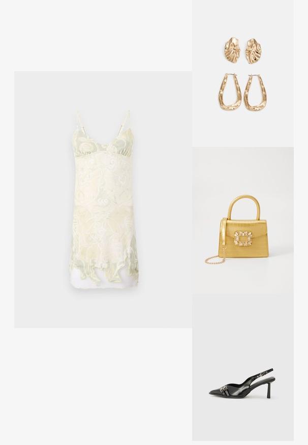 Ermeløs kjole med pastellgul og grønn virvelmønster, lett stoff, lett gjennomsiktig effekt og scalloped underkant.; Sorte patentlær slingback-sko med spiss tå, ankelremmer med sølvspenner og detaljer, og en slank hæl.; Gul faux-krokodille veske med en strukturert design, toppen håndtak, avtagbar kjede stropp, og dekorativ krystallbortsettelse på låsen.; Gullfargede øredobber med teksturerte, bølgete former. Inkluderer skulpturelle klipsstuds og åpen hoop-design med en hamret finish.