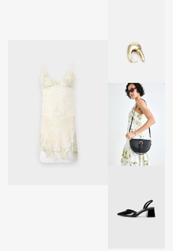 Ermeløs kjole med pastellgul og grønn virvelmønster, lett stoff, lett gjennomsiktig effekt og scalloped underkant.; Svarte patentlær slingback hæler med spiss tå og geometrisk blokk hæl. Har et stilrent, minimalistisk design og jevn tekstur.; Svart lærveske med en buet form, avtagbar stropp og gullbeslag. Vesken har et klaff med spenne-detall.; Gullfarget metalløredobber med et elegant, buet design. Har en karakteristisk spiss form, polert overflate og hengsel-lukking.