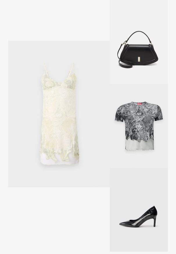 Ärmlös klänning med pastellgul och grön virvlande mönster, lätt tyg, lätt genomskinlig effekt och scallopad fåll.; Kortärmad T-shirt i svart och grått med ett abstrakt virvlande mönster, med en scalloped nederkant och en röd etikett vid kragen.; Svarta spetsiga högklackade skor med glansig yta och subtilt mönster. Har en måttlig klack och öppen halsdesign.; Svart läderhandväska med en strukturerad design, som har en avskuren form, ett handtag upptill och guldiga detaljer. Justerbar axelrem ingår.