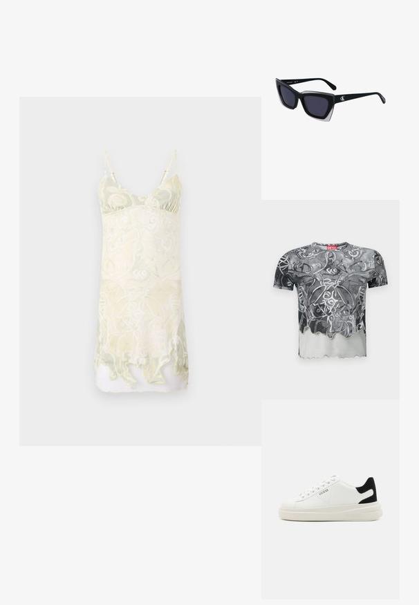 Vestido sem mangas com padrão ondulado em amarelo pastel e verde, tecido leve, leve efeito translúcido e bainha em forma de escalope.; T-shirt de manga curta em preto e cinza com um padrão abstrato em espiral, apresentando uma bainha em forma de escalope e um rótulo vermelho na gola.; Sapatilhas brancas de couro com uma sola branca espessa, detalhe em camurça preta no calcanhar e logótipo em relevo na lateral. Design com atacadores e seis ilhós.; Óculos de sol oversized pretos com forma geométrica, apresentando lentes escuras e um detalhe cinza em contraste na armação. Logotipo na haste.