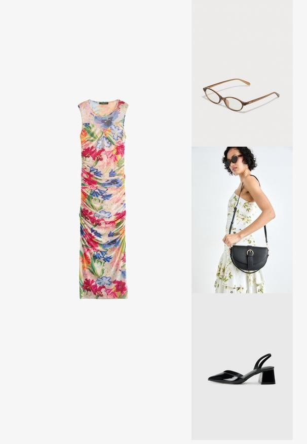 Virágmintás maxi ruha, amely ujjtalan fazonnal, élénk színekkel, redőzött textúrával és különböző nagy, színes virágokkal rendelkezik világos háttérrel.; Fekete lakk bőr szandálkés magas sarkú cipő, hegyes orral és geometrikus tömbsarkakkal. Karcsú, minimalista dizájn és sima textúra jellemzi.; Barna teknős páncélmintás szemüveg, ovális lencsékkel, vékony szárakkal és átlátszó részletekkel. A templomon diszkrét logó található. Elegáns, könnyű dizájn.; Fekete bőrtáska ívelt formával, levehető pánttal és arany színű fémrészekkel. A táskán egy csattal díszített fedél található.
