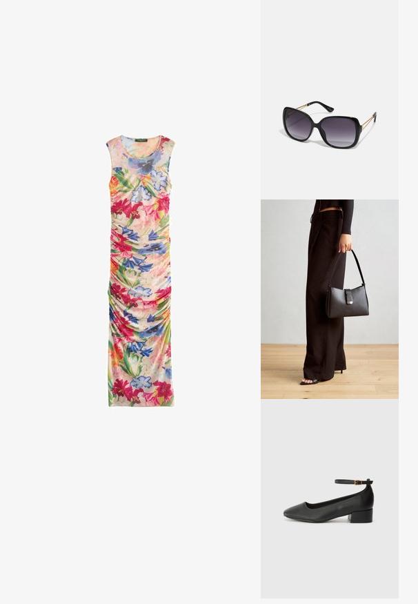 Kvetinové maxi šaty s bezrukávovým strihom, živými farbami, zhrnutou textúrou a rôznymi veľkými, farebnými kvetmi na svetlom pozadí.; Čierne kožené lodičky s špicatou špičkou a nízkym blokovým podpätkom. Obsahuje remienok okolo členka so zlatým prackou. Hladký povrch.; Čierne oversized slnečné okuliare s gradientovými sklíčkami, hrubými rámami a zlatým retiazkovým detailom na stranách.; Čierna kabelka so štruktúrovaným tvarom, hladkou textúrou a kovovou sponou. V kombinácii so širokými čiernymi nohavicami a sandálmi s otvorenou špičkou na drevenej podlahe.