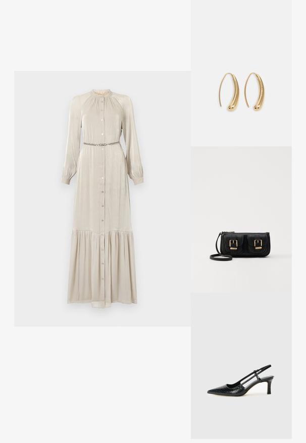 Długa beżowa sukienka z błyszczącego materiału, z zapięciem na guziki, długimi rękawami, marszczonym dekoltem oraz warstwowym dołem. W zestawie metaliczny pasek.; Czarne lakierowane czółenka na obcasie typu slingback z wąskim noskiem, z teksturowanym wzorem wężowym, regulowanym paskiem oraz krótkim, teksturowanym obcasem w kształcie słupka.; Czarna skórzana torba na ramię z dwoma przednimi kieszeniami, złotymi klamrami, zamkiem błyskawicznym i cienkim paskiem. Teksturowana powierzchnia i kompaktowy prostokątny kształt.; Złote metalowe kolczyki w kształcie obręczy o zakrzywionym, wydłużonym kształcie. Posiadają gładką, błyszczącą powierzchnię oraz zaokrąglony koniec dla dodatkowego efektu.