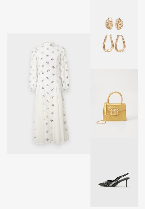 Sister Jane STARLIGHT MIDI DRESS - Vestido de cocktail / Vestido de festa - white; Sapato slingback preto em pele patentada com bico apontado, tiras no tornozelo apresentando fivelas e acessórios prateados, e um salto elegante.; Bolsa amarela em pele de crocodilo falsa, com um design estruturado, pega no topo, alça de corrente removível e decoração de cristal no fecho.; Brincos em tom de ouro com formas onduladas e texturizadas. Inclui studs escultóricos com presilha e um design de argola aberta com um acabamento martelado.