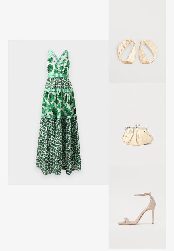 Zelené kvetinové maxi šaty s priliehavým korzetom, prekríženými ramienkami, vrstveným dizajnom a kockovanými akcentmi. Vyrobené z ľahkej tkaniny.; Sandále na vysokom päte s remienkami v metalickej ružovej zlate, s štruktúrovaným zvrškom, otvorenou špicou a remienkom na členku so zlatou sponou.; Zhlý béžový kožený klobúk so strieborným kovovým rámom, ktorý má dve okrúhle dekoratívne zámky a strieborný reťazový popruh.; Pár nepravidelných oválnych zlatistých kovových náušníc s textúrovaným, mierne rozbitým povrchom na bielom pozadí.