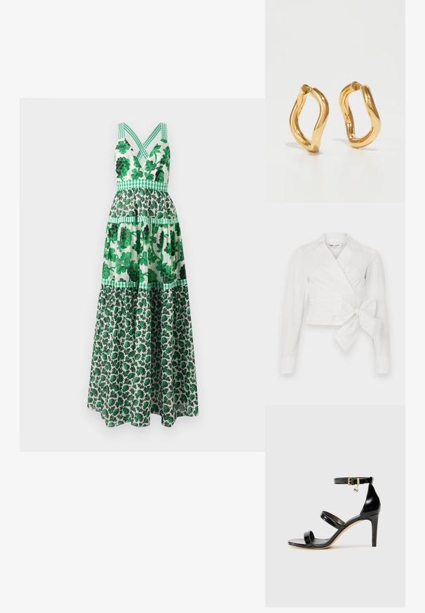 Zöld virágos maxi ruha, testéhez illeszkedő felsőrésszel, keresztezett pántokkal, réteges kialakítással és kockás mintákkal. Könnyű anyagból készült.; Fehér, hosszú ujjú blúz, gallérral és elülső megkötős részlettel. Simaságot és enyhe struktúrált dizájnt tükröző anyagból készült.; Fekete lakk bőr szandál három pánttal, bokapánttal és 10 cm magasságú tűsarokkal. Arany színű részletekkel és logó charm-mal rendelkezik.; Aranyszínű karikafülbevalók íves, szabálytalan formával és sima, fényes felülettel. Nincsenek látható hardverek vagy díszítések.