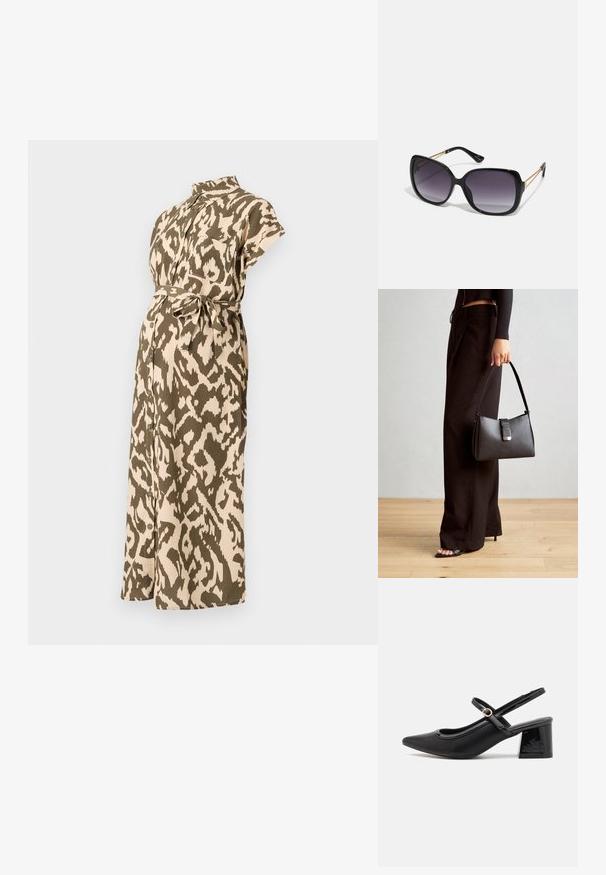 Vestido de maternidade em estampa animal nas cores bege e verde oliva, com mangas curtas, gola, cintura com cinto e fecho de botão na frente.; Sabrinas de cerâmica preta com salto bloco, bico apontado e um design com recortes arredondados. Apresenta um detalhe em fivela de tom dourado.; Óculos de sol oversized pretos com lentes degradê, armações grossas e detalhes em corrente dourada nas hastes.; Bolsa preta com forma estruturada, textura suave e um fecho metálico. Combinada com calças largas pretas e sandálias de salto aberto sobre um chão de madeira.