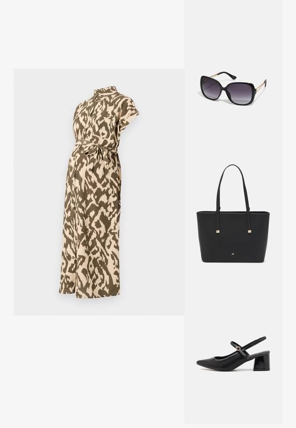 Rochie de maternitate dintr-un imprimeu animalier în nuanțe de bej și verde măsliniu, cu mâneci scurte, guler, talie cu curea și închidere cu nasturi pe față.; Cizme cu toc slingback din piele sintetică lacuită neagră, cu vârful ascuțit, un design cu decupaj rotunjit și toc bloc. Include un accent cu cataramă de culoare aurie.; Ochelari de soare negri, supradimensionați, cu lentile degradate, rame groase și detalii cu lanț de ton auriu pe brațele templului.; Pungă tote neagră, fabricată din material sintetic, având un design simplu rectangular, accente aurii pătrate și mânere duble.