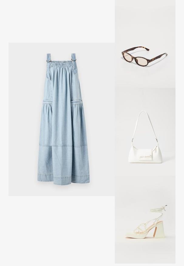 Jasnoniebieska sukienka dżinsowa z marszczonym topem, regulowanymi ramiączkami i warstwową spódnicą. Miękka faktura, obszerna konstrukcja i subtelne detale w szyciu.; Biała sandał na wysokim obcasie z masywnym słupkiem, z paskowym wzorem i wiązaniem przy kostce. Gładka faktura z platformą z przodu dla dodatkowej wysokości.; Okulary przeciwsłoneczne w kolorze tortoiseshell o okrągłym kształcie i jasnych soczewkach. Posiadają mocne zauszniki z małymi złotymi akcentami, wykonane z materiału plastikowego.; Biała syntetyczna torba o trójkątnym kształcie, płaskim przednim klapce i detalach w postaci kokardy, regulowanym pasku, gładkiej fakturze oraz minimalistycznym designie.
