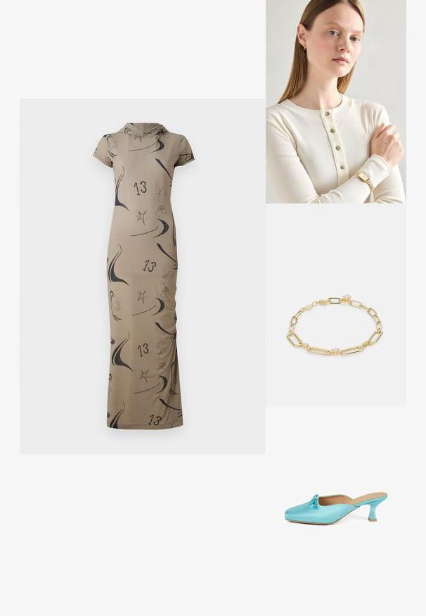 Długa beżowa sukienka z kapturem, z abstrakcyjnymi czarnymi wzorami i numerem 13. Dopasowany krój z krótkimi rękawami. Gładka tekstura.; Akwamarynowe satynowe mule z kwadratowym noskiem, akcentem w postaci kokardy oraz krótkim, grubym obcasem. Gładka tekstura i minimalistyczny design.; Kremowy, prążkowany top z długim rękawem i pięcioprzyciskowym zapięciem. Model nosi złoty zegarek z kwadratową tarczą i bransoletą z ogniw.; Złota bransoletka z łańcuszka z wydłużonymi ogniwami, akcentami z przezroczystych kamieni szlachetnych oraz z zapięciem typu homar, o gładkim, wypolerowanym wykończeniu.