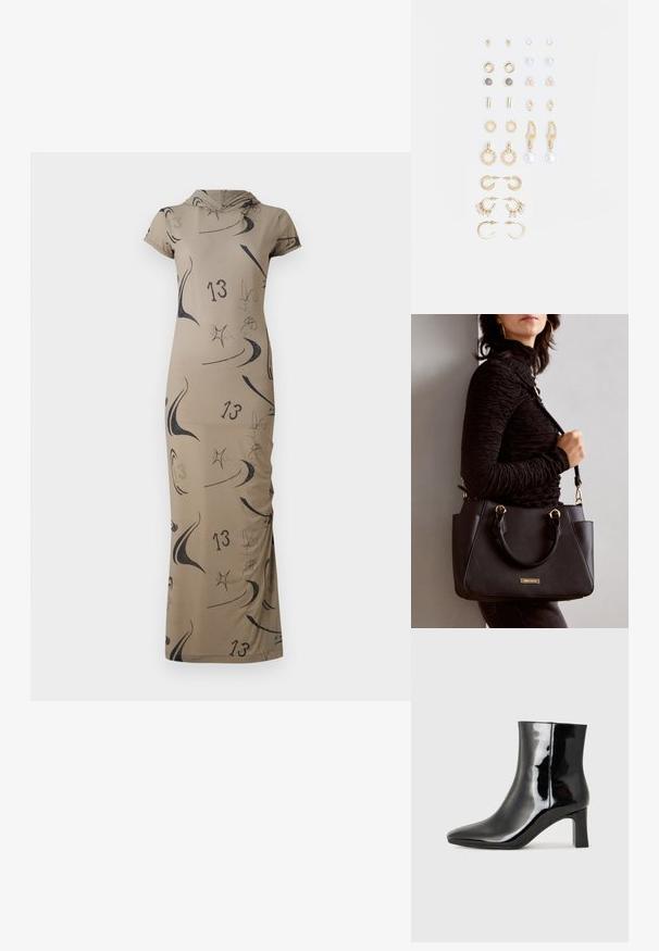 Hosszú bézs színű ruha kapucnival, absztrakt fekete mintákkal és 13-as számmal díszítve. Testhez simuló szabás, rövid ujjakkal. Simogatós tapintás.; Fekete lakk bőrcipő bokáig érő, hegyes orral és közepes magasságú tömbsarokkal. Simább textúrával és minimalista dizájnnal rendelkezik.; Fekete kézitáska texturált felülettel, dupla felső fogantyúval és állítható vállpánttal. Arany színű fém kiegészítők és oldalsó zsebek találhatók rajta.; Arany tónusú fülbevalók szettje, amely különféle mintákat tartalmaz, beleértve a stift fülbevalókat, karikákat és gyöngyökkel és strasszokkal díszített hosszú fülbevalókat.