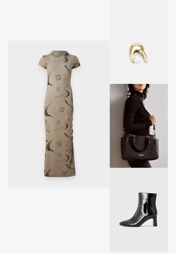 Rochie lungă bej cu glugă, având modele abstracte negre și numărul 13. Design aderent cu mâneci scurte. Textură netedă.; Botine negre din piele lacuită, cu vârful ascuțit și toc bloc de înălțime medie. Textură netedă și design minimalist.; Geantă de umăr neagră cu suprafață texturată, cu două mânere superioare și curea de umăr ajustabilă. Dispune de accesorii metalice de culoare aurie și buzunare laterale.; Cercei din metal de culoare aurie cu un design elegant și curbat. Prezintă o formă distinctivă, ascuțită, o suprafață lustruită și un sistem de închidere cu balama.