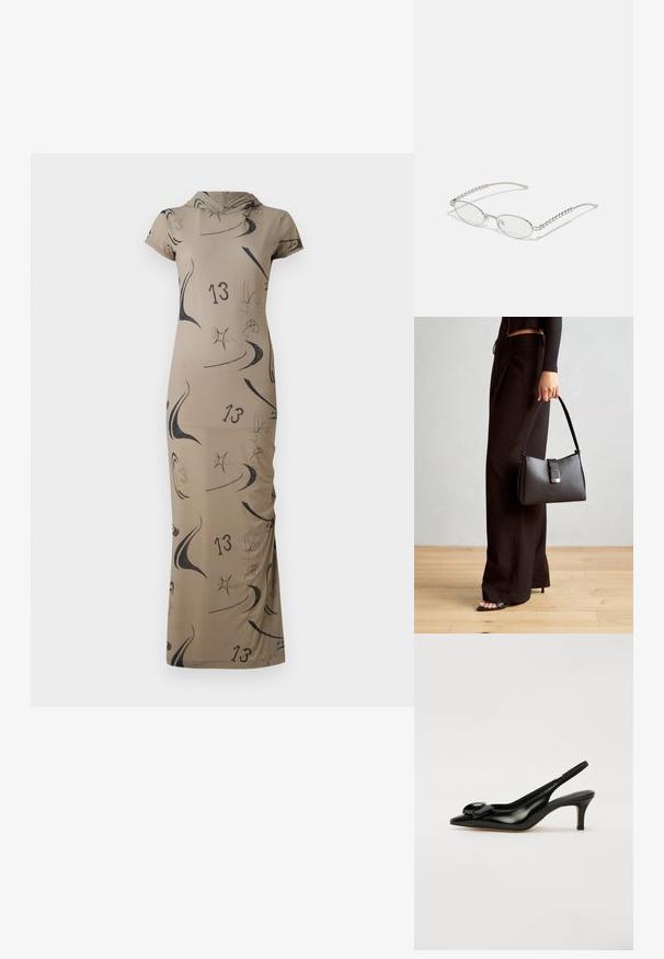 Pikk beez žakett kapuutsi ja abstraktsete mustade mustritega, kus on number 13. Keha järgi liibuv stiil lühikeste varrukatega. Sile tekstuur.; Must muströöp musta patentnahk king, millel on terav varvas, väike konts ja silmatorkav väikese vööga kaunistus peal. Sile tekstuur ja elegantne disain.; Ovaalsed prillid metallisel hõbedasel raamile, selged läätsed ja tekstuuriga helmedega tempelaktsentidega. Kerge konstruktsioon kaarjate kätega.; Must musta kott, millel on struktureeritud kuju, sile tekstuur ja metallist klamber. Kombineeritud laiate mustade pükstega ja avatud varvaste sandaalidega puidust põrandal.