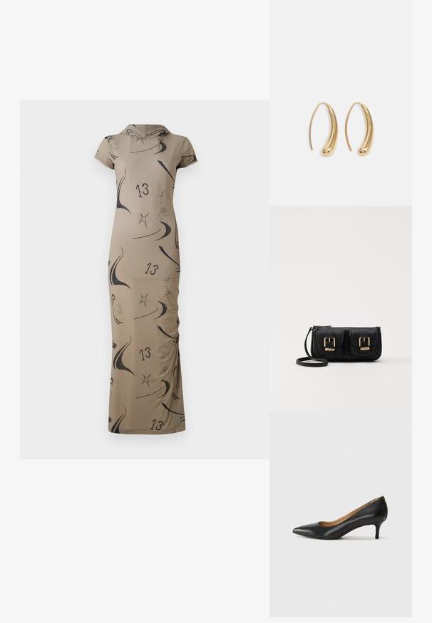 Hosszú bézs színű ruha kapucnival, absztrakt fekete mintákkal és 13-as számmal díszítve. Testhez simuló szabás, rövid ujjakkal. Simogatós tapintás.; Fekete bőrpumpa hegyes orral, alacsony sarokkal és sima felülettel. Elöl enyhe nyílással rendelkezik, hátul pedig minimális részletezéssel.; Fekete bőr keresztbody táska két elülső zsebbel, arany csattokkal, cipzáras záródással és vékony pánttal. Textúrált felület és kompakt téglalap alak.; Aranyszínű fémből készült karika fülbevalók ívelt, hosszúkás formával. Simaságával és fényes felületével, valamint lekerekített végével további részletekkel bővül.