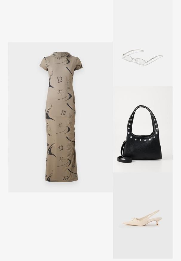 Rochie lungă bej cu glugă, având modele abstracte negre și numărul 13. Design aderent cu mâneci scurte. Textură netedă.; Pantofi slingback cu vârful ascuțit, din piele albă murdară, cu un detaliu mic sub formă de fundiță și un toc kitten mic. Textură netedă, design minimalist.; Ochelari ovali cu o ramă metalică argintie, lentile clare și accente texturate cu mărgele pe brațe. Design ușor cu brațe curbate.; Geantă din piele texturată neagră, cu bolțuri argintii de-a lungul marginii superioare și a mânerei, având o mână scurtă și o curea detasabilă.