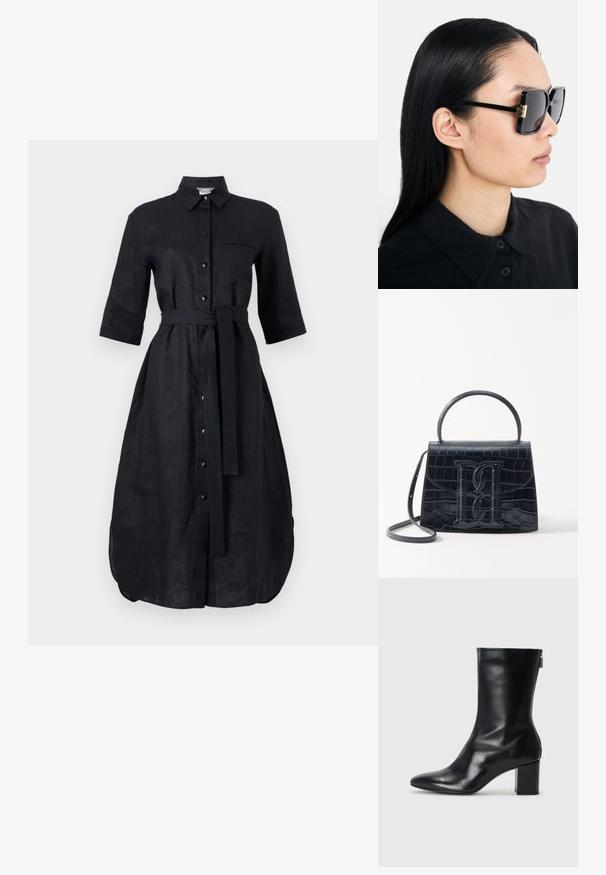Juoda lininė suknelė su trumpomis rankovėmis, mygtukų užsegimo dizainas, priekinė kišenė ir atitinkamo audinio diržas. Centriniame siūle yra skeltukas.; Juodų odinių kulkšninių botų su smailiu nosiu ir 4 cm pločio bloku. Išskirtinis dizainas pasižymi šoniniu užtrauktuku, leidžiančiu lengvai apsiauti. Lygi tekstūra.; Tory Burch Akiniai nuo saulės - black/dark grey; Juodas krokodilo rašto odinis rankinės krepšys su struktūruotu dizainu, viršutine rankena, reguliuojamu dirželiu ir išsiskiriančiu priekinio logo detale.