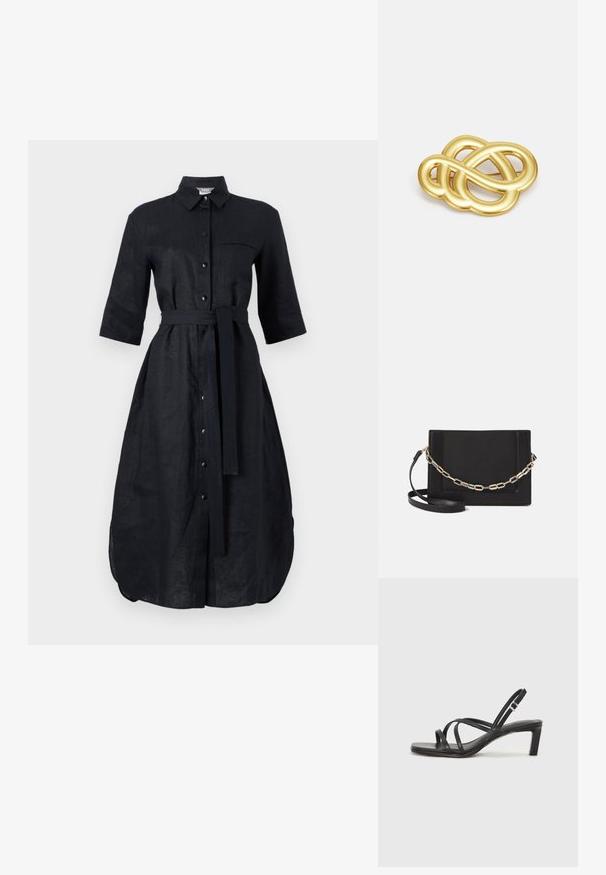 Mustast linast kleit lühikeste käistega, nööpides disain, ees tasku ja sama kangast vöö. Keskel lõhk hemline'is.; Mustast rihmajalatsid ruudukujulise varba ja madala ploki kontsaga. Omab mitmeid õhukesi rihmasid ja reguleeritavat pahkluu rihma. Valmistatud siledast nahast.; Mustast nahast õlakott, mis omab siledat tekstuuri, ristküliku kuju ning esiküljel metallketi detaili. Reguleeritav rihm on kaasas.; Kuldtoonis rinnatäht, millel on sõlmekujuline disain, sujuvad ja vaakumid jooned ning keeruline vorm, peegeldades poleeritud viimistlust.