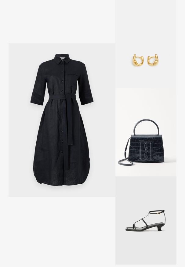 Fekete vászoning ruha rövid ujjakkal, gombos kivitel, elülső zseb és azonos anyagú öv. Középen hasított szegély.; Fekete bőr szandál, négyzet alakú orral, vékony pántokkal, állítható bokapánttal és alacsony sarokkal. A pánton egy kis arany dísz található.; Fekete krokodilbőr hatású kézitáska, amelynek strukturált kialakítása van, felső fogantyúval, állítható pánttal és egy kiemelkedő elülső logó részlettel.; Arany karika fülbevalók sima, lekerekített kialakítással, fényes felülettel. A fülbevalók kompakt, tömzsi formájúak, és zökkenőmentes kapoccsal rendelkeznek.