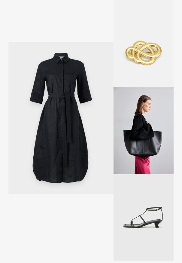 Mustast linast kleit lühikeste käistega, nööpides disain, ees tasku ja sama kangast vöö. Keskel lõhk hemline'is.; Must värviline nahk sandaal ruudukujulise varbaga, õhukeste rihmadega, kohandatava pahkluu rihmaga ja madala kandaga. Rihmal on väike kuldne aktsent.; Mustast nahast kott tekstureeritud viimistlusega, millel on kaks vertikaalset rida, kahekordsed õlarihmad ja minimalistlik disain.; Kuldtoonis rinnatäht, millel on sõlmekujuline disain, sujuvad ja vaakumid jooned ning keeruline vorm, peegeldades poleeritud viimistlust.