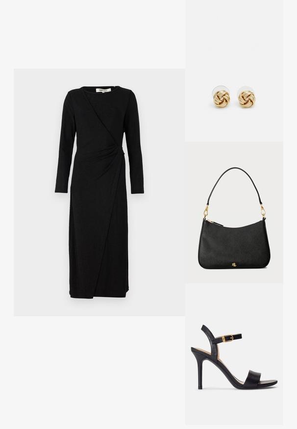 Crna haljina dugih rukava koja ima omotan dizajn s uzorkom čvora u struku. Izrađena je od mekog, teksturiranog materijala s krojem srednje dužine.; Crne sandale na visokom potpeticu s glatkim kožnim gornjištem, otvorenom nosom i dizajnom s jednim remenom s naglaskom na zlatnu kopču.; Crna kožna torba sa strukturiranim dizajnom, koja ima zatvaranje na patentni zatvarač, odvojivu traku i zlatne dodatke.; Naušnice na stud s zlatnim tonom i uvrnutim dizajnom. Svaka naušnica ima okruglu prozirnu podlogu za sigurno nošenje.
