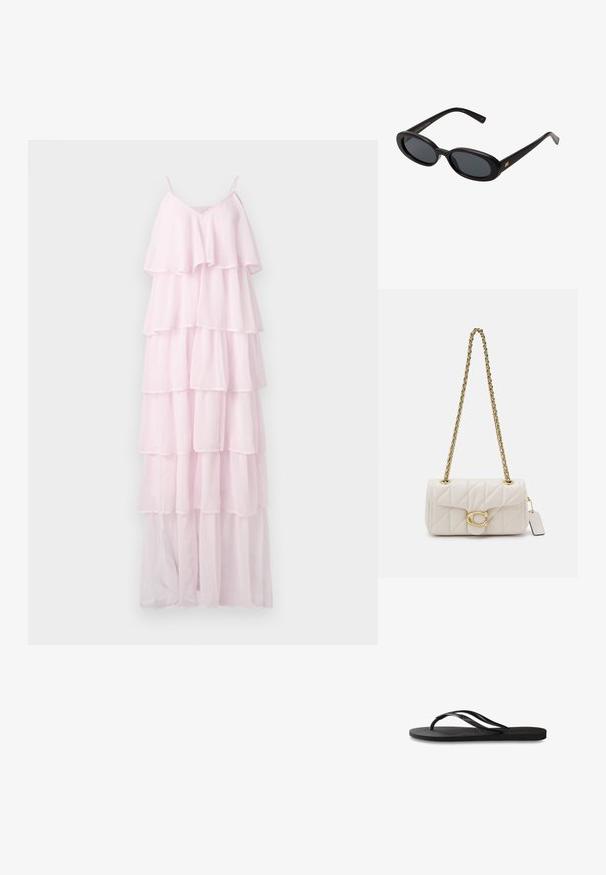 Šviesiai rožinė, sluoksniuota suknelė iš permatomos medžiagos su reguliuojamomis spyruoklinėmis petnešėlėmis ir V formos iškirpte, turinti penkis horizontalius sluoksnius.; Juodos šlepetės su tekstūruotu guminio pado, dviem siauromis dirželių ir subtiliu, įspaustu logotipo detalė ant dirželio.; Juodos didelės saulės akinių su ovaliais objektyvais, lygia plastiko rėmeliu ir aukso akcentais ant šventyklos. Tamsūs objektyvai suteikia apsaugą nuo saulės.; Išsiuvinėta balta odinė rankinė su auksiniu grandininiu dirželiu, turinti auksinę sagtį ir nuimamą žymeklį. Kompaktiška stačiakampio forma.