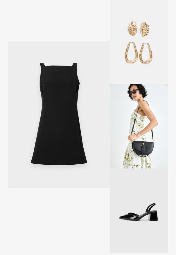 Crna haljina bez rukava s kvadratnim izrezom, uskim gornjim dijelom i lepršavom suknjom. Izrađena od glatkog materijala s minimalističkim dizajnom.; Crne lakirane kožne sandale s otvorenom petom i špicastim vrhom, s geometrijskom blok petom. Imaju elegantan, minimalistički dizajn i glatku teksturu.; Crna kožna torba s lukovitim oblikom, odvojivim remenom i zlatnim detaljima. Torba ima preklop s kopčom.; Naušnice zlatne boje s teksturiranim, valovitim oblicima. Uključuju skulpturalne kopče i dizajn otvorene kružnice s kovanom završnom obradom.