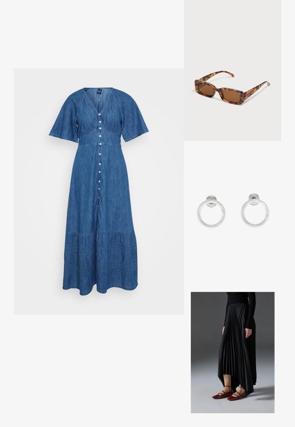 Jeansist maksikleit lühikeste, laienevate varrukatega, V-kaelusega, esise tagumise kinnitusega ja kihilise volangdetailiga allääres. Sinine värv ja pehme tekstuur.; Mustmust seelik kõrgema ees- ja madalama taga servaga, kombineeritud läikivate punaste sussidega, millel on rihma kujundus. Kangas on sileda tekstuuriga.; Kilpkonna kestaga prillid, millel on ristkülikukujulised pruuni värvi objektiivid, paks raam ja peened käed, millel on erinevate pruunide toonide muster.; Hõbedased metallist rõngastooted, millel on harjatud tekstuur, ümmargune disain ja selge tagumine post, tagamaks kindlat kandmist.