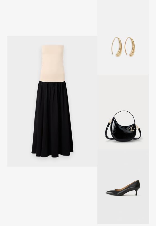 Vestido maxi sem alças com um topo beige justinho e uma saia preta esvoaçante. Tecido suave com cintura franzida para um caimento e movimento elegantes.; Sapato de salto alto em pele preta com bico fino, salto baixo e textura suave. Apresenta uma ligeira abertura na parte da frente e mínima ferragem na parte de trás.; Bolsa de señora em couro verniz preto com forma curva, alça ajustável e detalhes em metal dourado na lateral. Textura suave e brilhante.; Brincos em metal dourado com forma de arco alongado e curvado. Apresentam uma superfície lisa e brilhante, com uma ponta arredondada para um detalhe adicional.