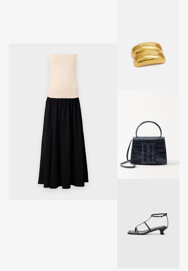 Bežinė suknelė be petnešų su prigludusia viršutine dalimi ir plačia juoda sijona. Lygus audinys su susiraukšlėja liemeniu, kuris leidžia suknelės drapavimui ir judėjimui.; Juodas odinis sandalai su kvadratiniu pirštu, plonomis dirželiais, reguliuojamu kulkšnies dirželiu ir žemu kulnu. Yra nedidelis aukso akcentas ant dirželio.; Juodas krokodilo rašto odinis rankinės krepšys su struktūruotu dizainu, viršutine rankena, reguliuojamu dirželiu ir išsiskiriančiu priekinio logo detale.; Aukso spalvos metalinė plaukų segtukas su lygiu, apvaliu dizainu. Paviršius blizgus, turi sujungtą, lenktą formą be jokių papildomų puošmenų.