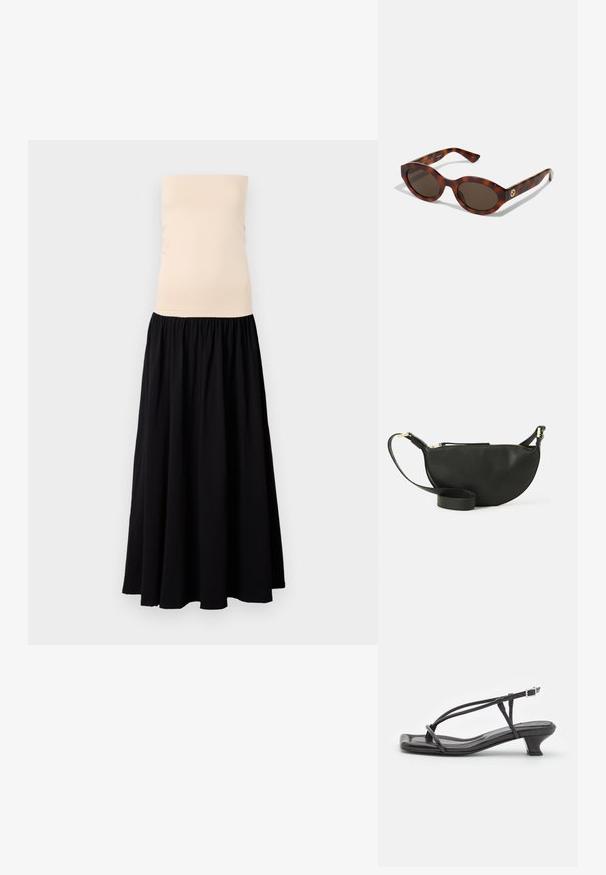 Vestido maxi sem alças com um topo beige justinho e uma saia preta esvoaçante. Tecido suave com cintura franzida para um caimento e movimento elegantes.; Sandal de couro preto com tiras finas, salto bloco baixo e biqueira quadrada. Apresenta um fecho de fivela e textura suave.; Óculos de sol tartaruga com armações arredondadas, lentes escuras e detalhes em logotipo dourado nas hastes. Material plástico suave, sem padrões visíveis.; Bolsa transversal de couro preto com formato de meia-lua, superfície texturizada, fecho dourado e alça plana. Design compacto adequado para itens essenciais.