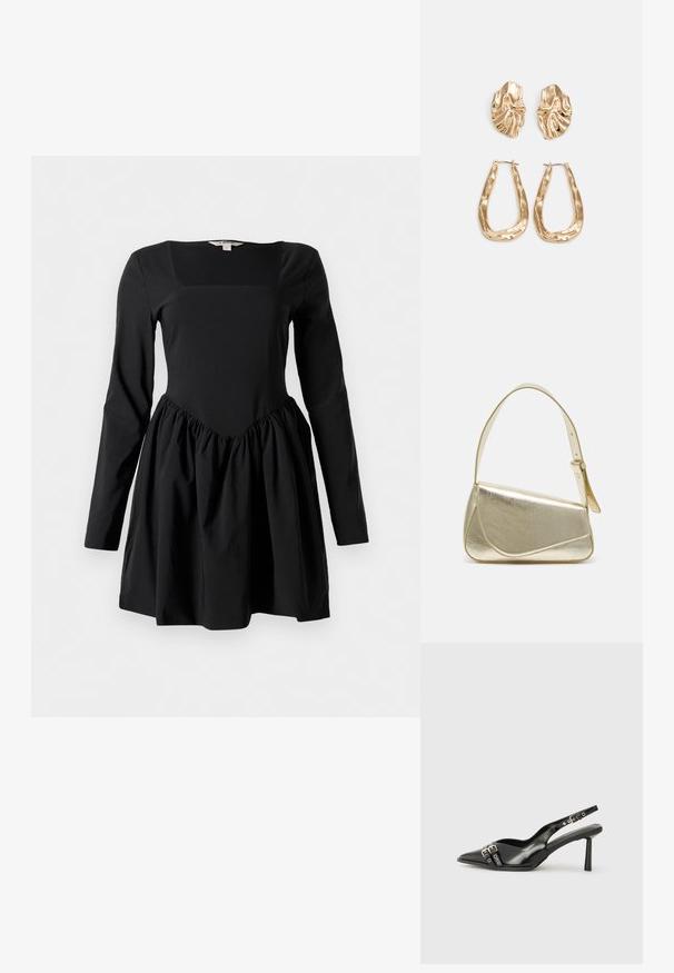 Fekete, hosszú ujjú ruha négyzet alakú dekoltázzsal, testhez simuló felsőrésszel és ráncolt szoknyával. Puha anyagból készült, sima textúrával.; Fekete lakk bőr, hegyes orrú slingback cipő, boka pántokkal, ezüst csatokkal és hardverelemekkel, valamint karcsú sarkú.; Arany fémes kézi táska, strukturált dizájnnal, sima felülettel és állítható pánttal. Egyedi háromszög alakú, minimalistának mondható varrásokkal rendelkezik.; Aranyszínű fülbevalók, texturált, hullámos formákkal. Tartalmazza a szobrászati klipszes studokat és az open hoop kialakítást, kalapácsos felülettel.
